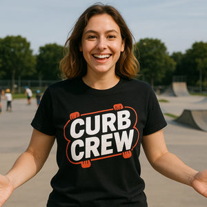 Lifestyle shot of the "Curb Crew" black skateboard long sleeve shirts in a real-world setting