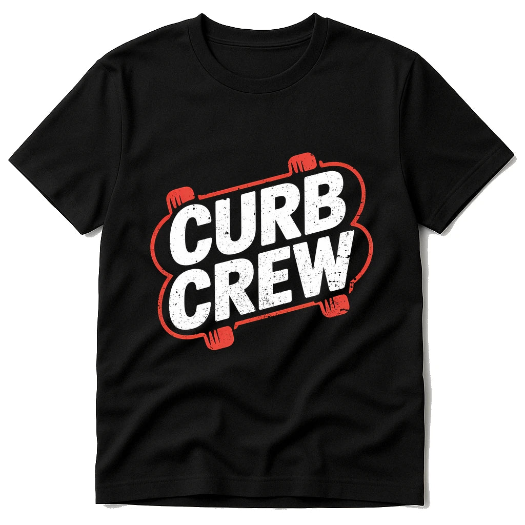 Black Skateboard Long Sleeve Shirts - "Curb Crew" graphic tee with white print, flat lay product photo