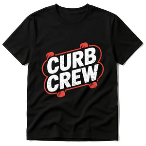 Black Skateboard Long Sleeve Shirts - "Curb Crew" graphic tee with white print, flat lay product photo