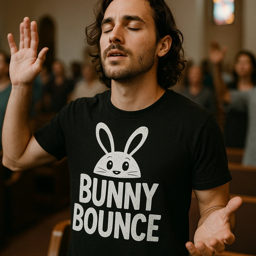 A person with long hair and a beard, wearing a black t-shirt with a cartoon bunny graphic and the text "BUNNY BOUNCE." The person has their eyes closed and hands raised, standing indoors among other people with similar posture.