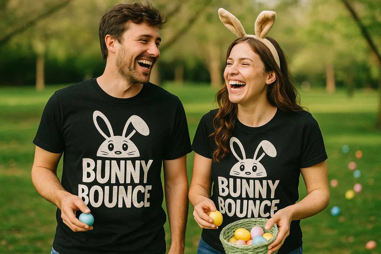 A man and a woman stand laughing in a park, both wearing black T-shirts with a bunny graphic and the text "BUNNY BOUNCE." The woman is holding a basket full of colorful eggs and wearing rabbit ear headbands. The man holds a blue egg. The background features grass and trees, with more eggs scattered on the ground.