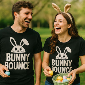 Person wearing the black easter t shirt graphic tee - "Bunny Bounce" design