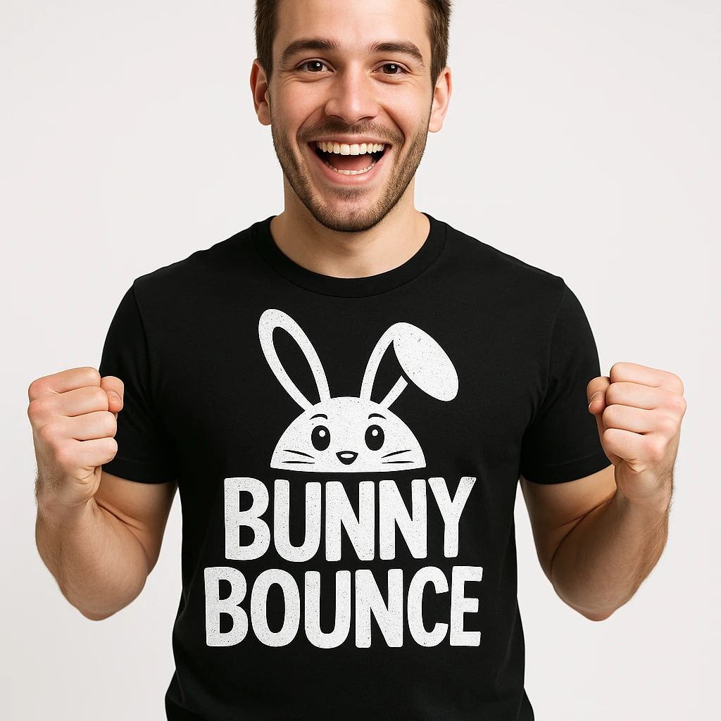 Close-up of the "Bunny Bounce" white print on a premium Bella+Canvas black easter t shirt