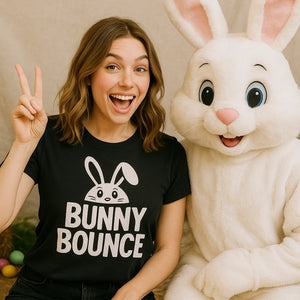 Lifestyle shot of the "Bunny Bounce" black easter t shirt in a real-world setting