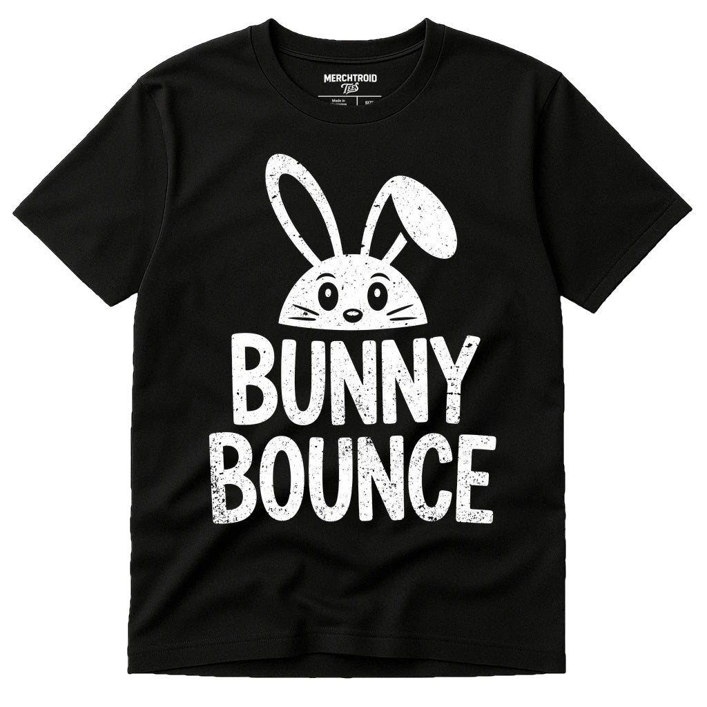 A black T-shirt featuring a cute stylized bunny face with large ears above the text "BUNNY BOUNCE" in a bold, distressed font.