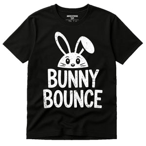 Black Easter T Shirt - "Bunny Bounce" graphic tee with white print, flat lay product photo