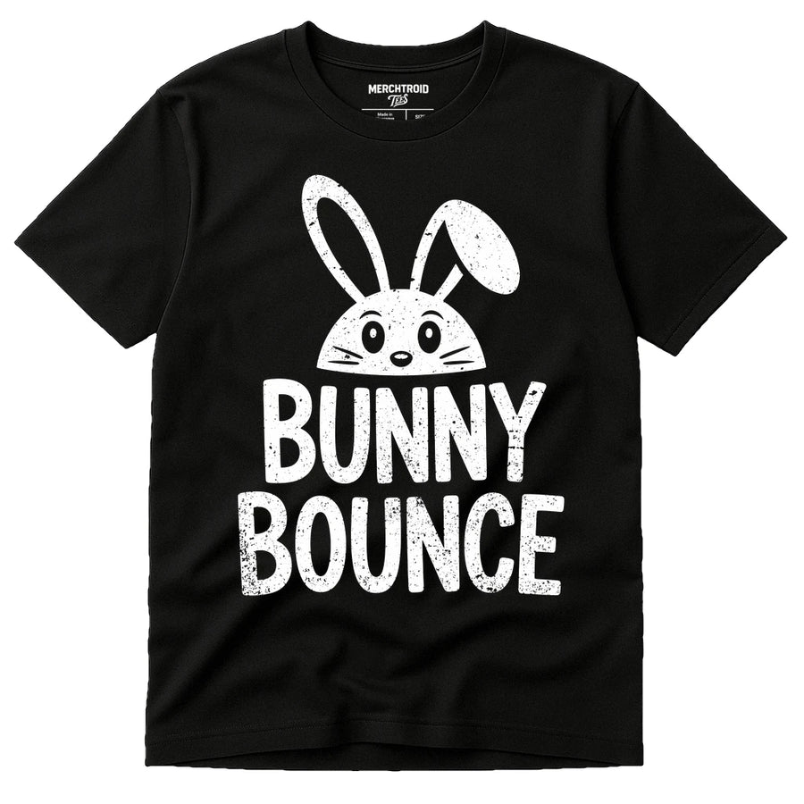 A black T-shirt featuring a cute stylized bunny face with large ears above the text "BUNNY BOUNCE" in a bold, distressed font.