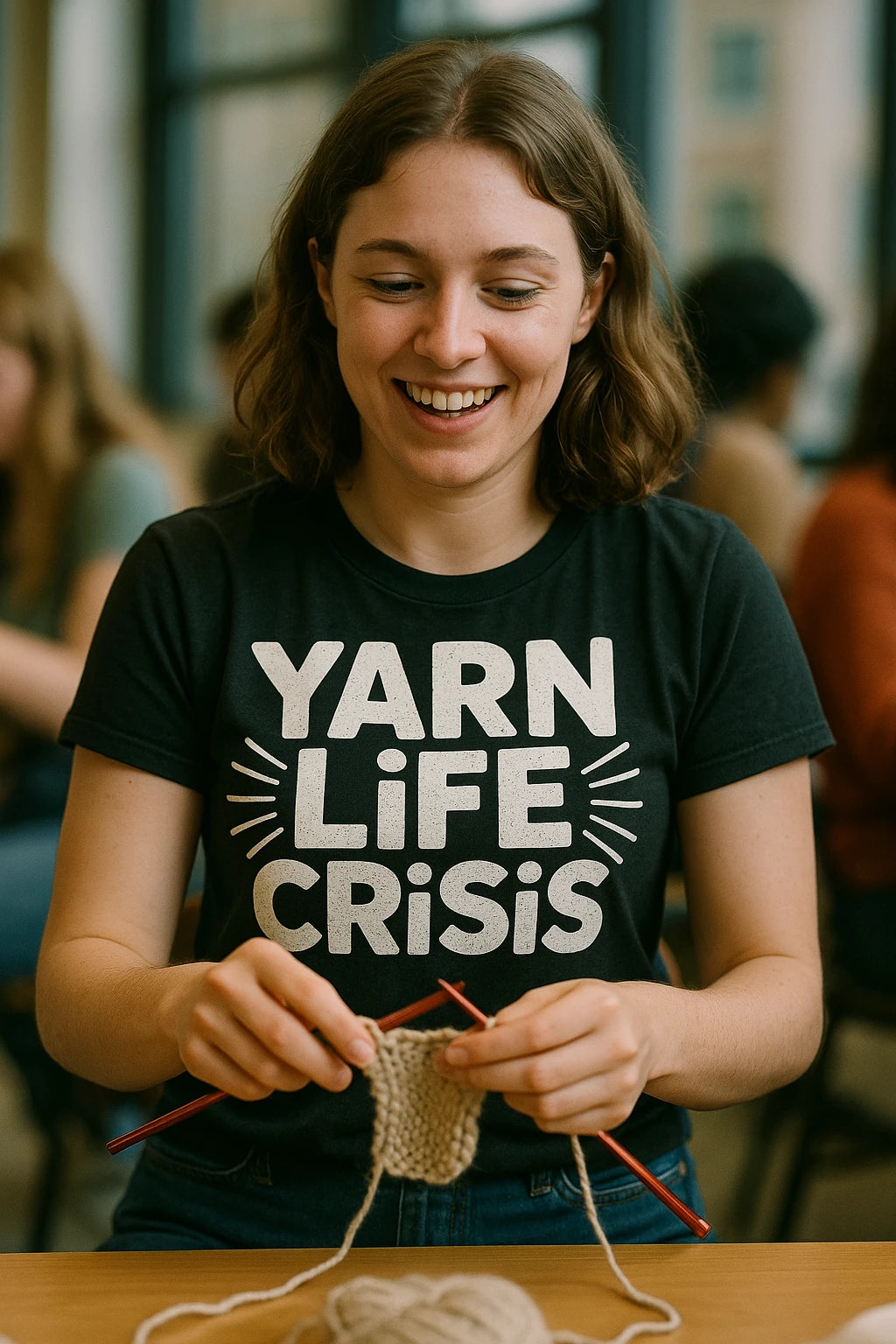 "Yarn Life Crisis" black mens knitted t shirt, photographed as gifts for knitting lovers