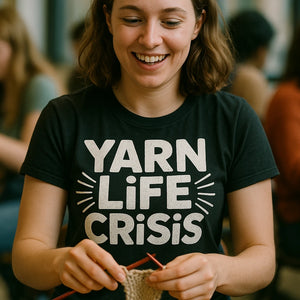 "Yarn Life Crisis" black mens knitted t shirt, photographed as gifts for knitting lovers