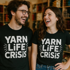 Person wearing the black mens knitted t shirt graphic tee - "Yarn Life Crisis" design