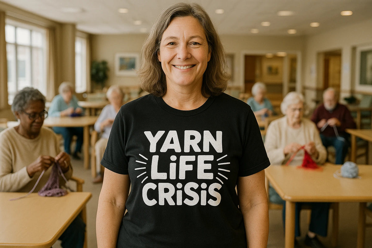 Lifestyle shot of the "Yarn Life Crisis" black mens knitted t shirt in a real-world setting