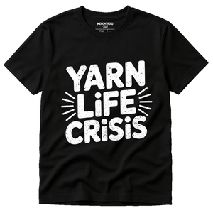 Black Mens Knitted T Shirt - "Yarn Life Crisis" graphic tee with white print, flat lay product photo