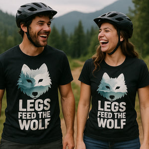 Person wearing the black bike shirts mens graphic tee - "Legs Feed the Wolf" design