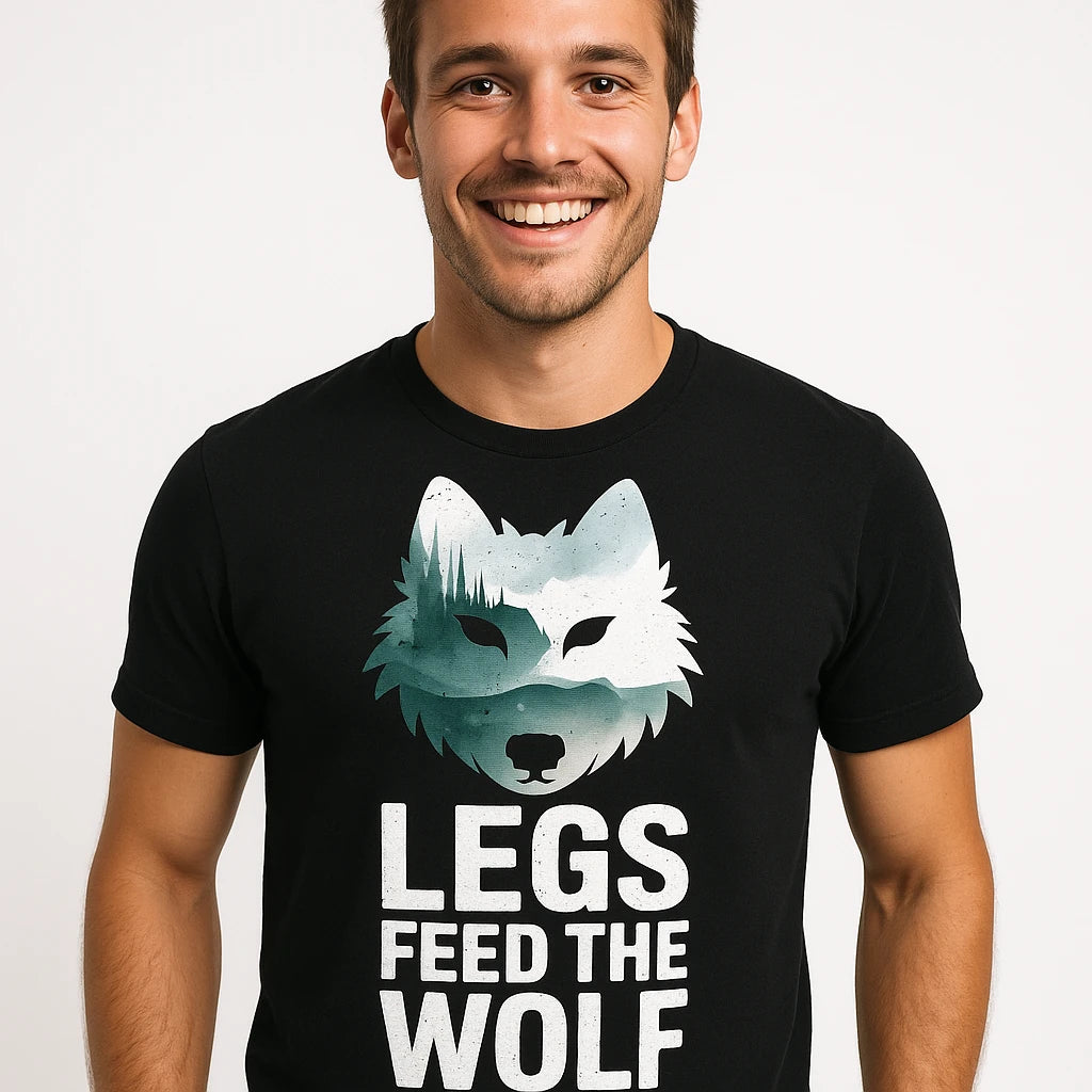 Close-up of the "Legs Feed the Wolf" white print on a premium Bella+Canvas black bike shirts mens