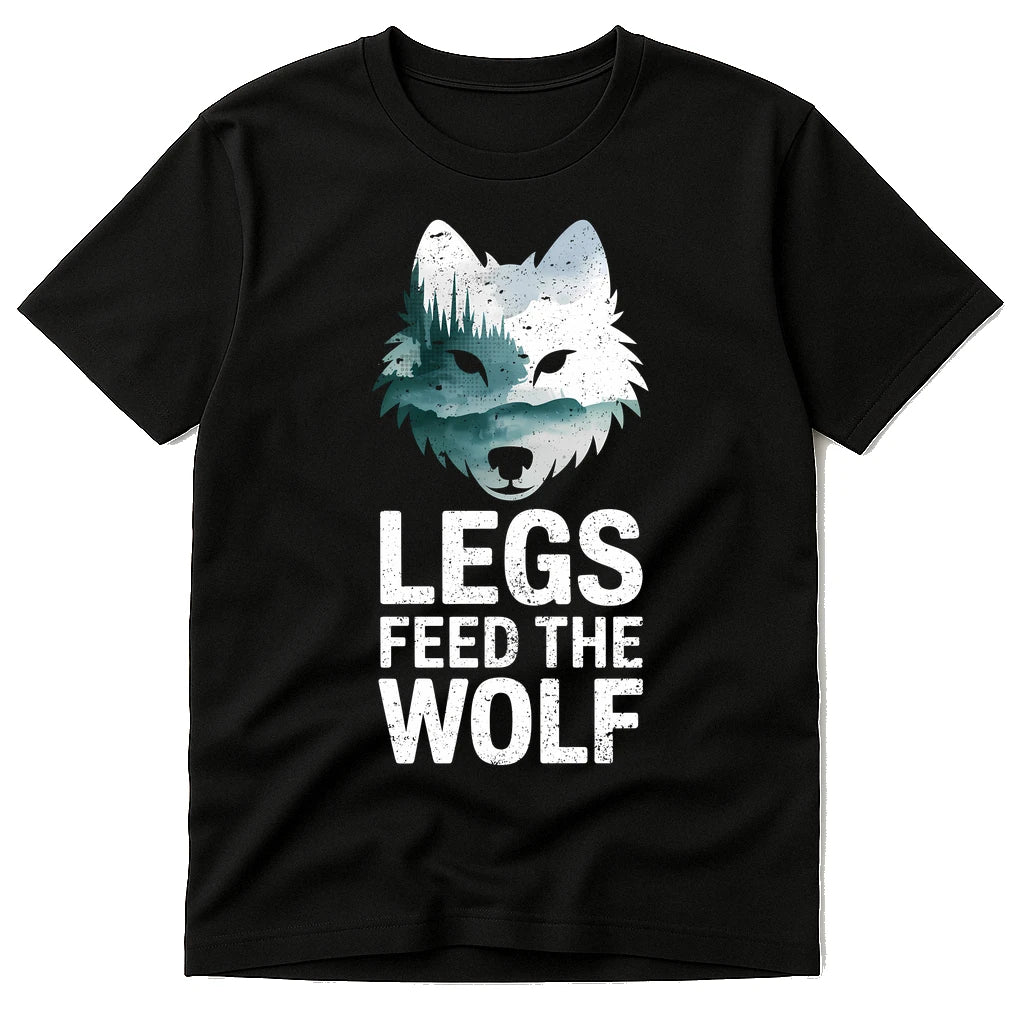 Black Bike Shirts Mens - "Legs Feed the Wolf" graphic tee with white print, flat lay product photo