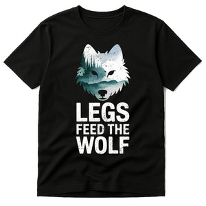 Black Bike Shirts Mens - "Legs Feed the Wolf" graphic tee with white print, flat lay product photo