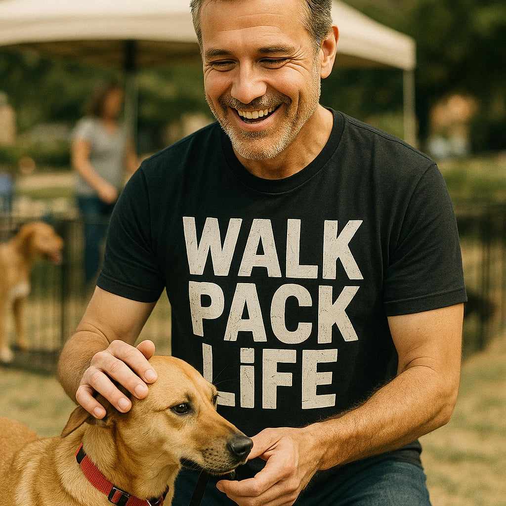 "Walk Pack Life" black dog lovers tee shirts, photographed as dog lovers lover gift