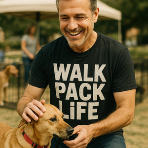 "Walk Pack Life" black dog lovers tee shirts, photographed as dog lovers lover gift