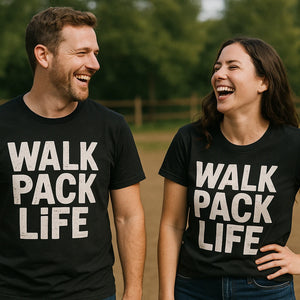 Person wearing the black dog lovers tee shirts graphic tee - "Walk Pack Life" design