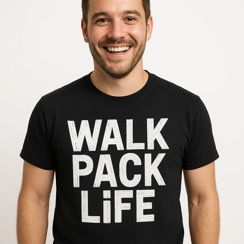 Close-up of the "Walk Pack Life" white print on a premium Bella+Canvas black dog lovers tee shirts