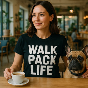 Lifestyle shot of the "Walk Pack Life" black dog lovers tee shirts in a real-world setting
