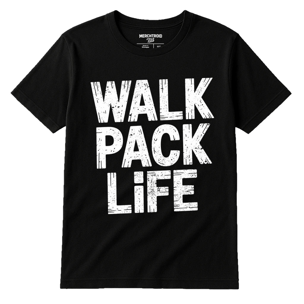 Black Dog Lovers Tee Shirts - "Walk Pack Life" graphic tee with white print, flat lay product photo