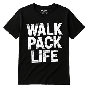 Black Dog Lovers Tee Shirts - "Walk Pack Life" graphic tee with white print, flat lay product photo