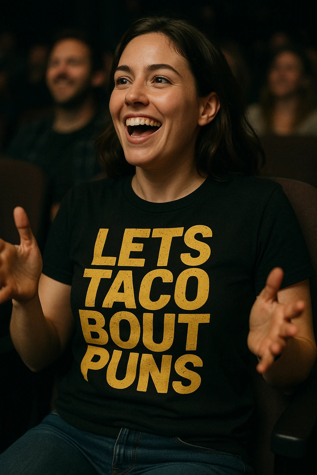"Lets Taco Bout Puns" black comedy tshirts, photographed as gifts for comedy lovers