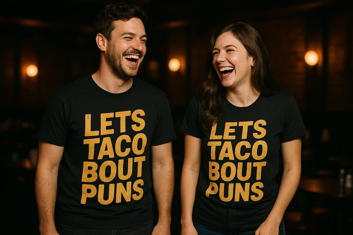 Person wearing the black comedy tshirts graphic tee - "Lets Taco Bout Puns" design
