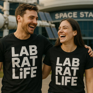 Person wearing the black space station t shirt graphic tee - "Lab Rat Life" design