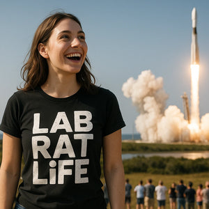 Lifestyle shot of the "Lab Rat Life" black space station t shirt in a real-world setting
