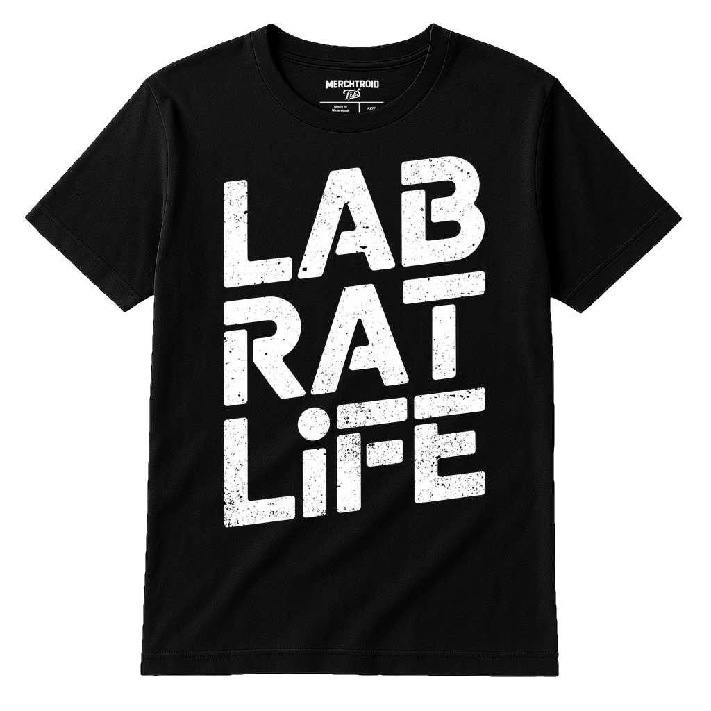 Black Space Station T Shirt - "Lab Rat Life" graphic tee with white print, flat lay product photo