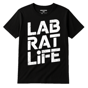 Black Space Station T Shirt - "Lab Rat Life" graphic tee with white print, flat lay product photo
