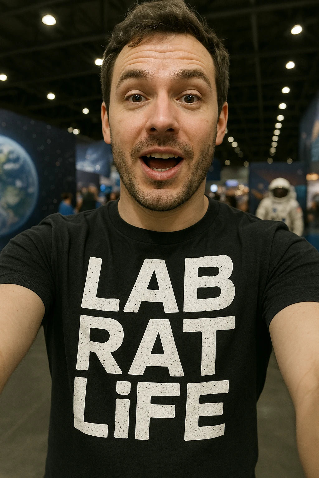 "Lab Rat Life" black space station t shirt, photographed as space station lover gift