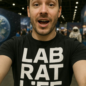 "Lab Rat Life" black space station t shirt, photographed as space station lover gift