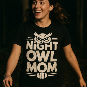 "Night Owl Mom" black owl t shirt - also one of the best gifts for owl lovers