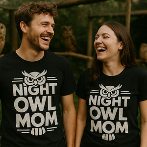 Person wearing the black owl t shirt graphic tee - "Night Owl Mom" design