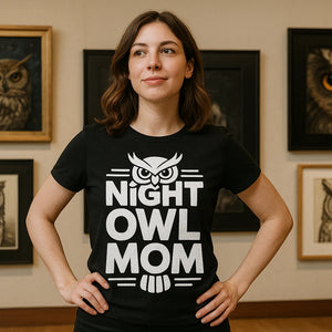 Lifestyle shot of the "Night Owl Mom" black owl t shirt in a real-world setting