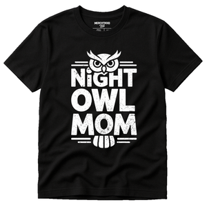 Black Owl T Shirt - "Night Owl Mom" graphic tee with white print, flat lay product photo