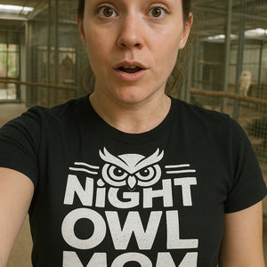 "Night Owl Mom" black owl t shirt, photographed as presents for owl lovers