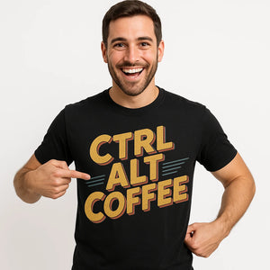 Close-up of the "Ctrl Alt Coffee" gold print on a premium Bella+Canvas black engineer t shirts funny