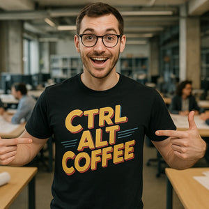 Lifestyle shot of the "Ctrl Alt Coffee" black engineer t shirts funny in a real-world setting