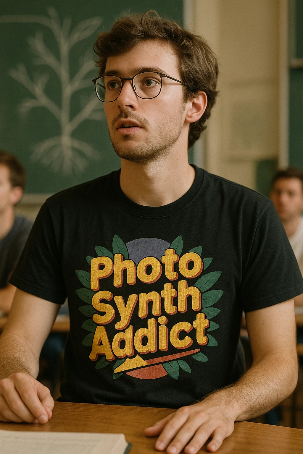 "Photo Synth Addict" black botany shirts, photographed as gifts for botany lovers