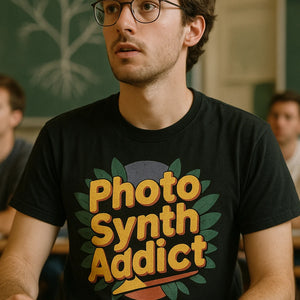 "Photo Synth Addict" black botany shirts, photographed as gifts for botany lovers