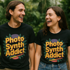 Person wearing the black botany shirts graphic tee - "Photo Synth Addict" design