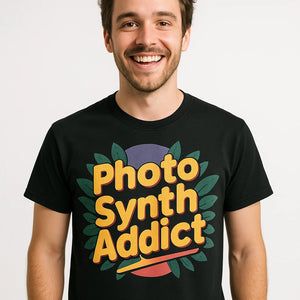 Close-up of the "Photo Synth Addict" gold print on a premium Bella+Canvas black botany shirts