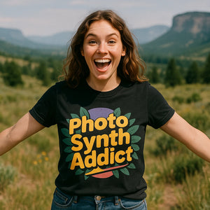 Lifestyle shot of the "Photo Synth Addict" black botany shirts in a real-world setting