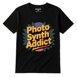 Black Botany Shirts - "Photo Synth Addict" graphic tee with gold print, flat lay product photo