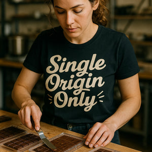 "Single Origin Only" black chocolate brown t shirt - also a chocolate and flowers gift basket