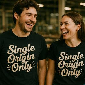 Person wearing the black chocolate brown t shirt graphic tee - "Single Origin Only" design